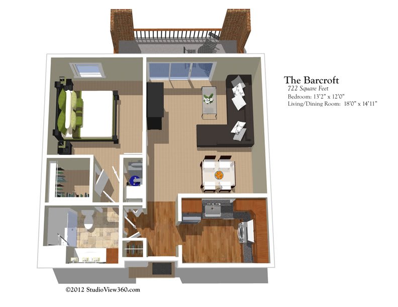 3D floor plan of a one-bedroom apartment, featuring an open living area and kitchen.