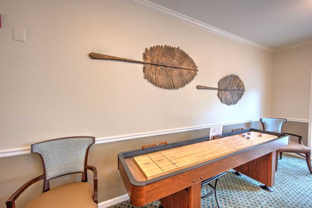 A recreational area featuring a shuffleboard table and decorative wall art.