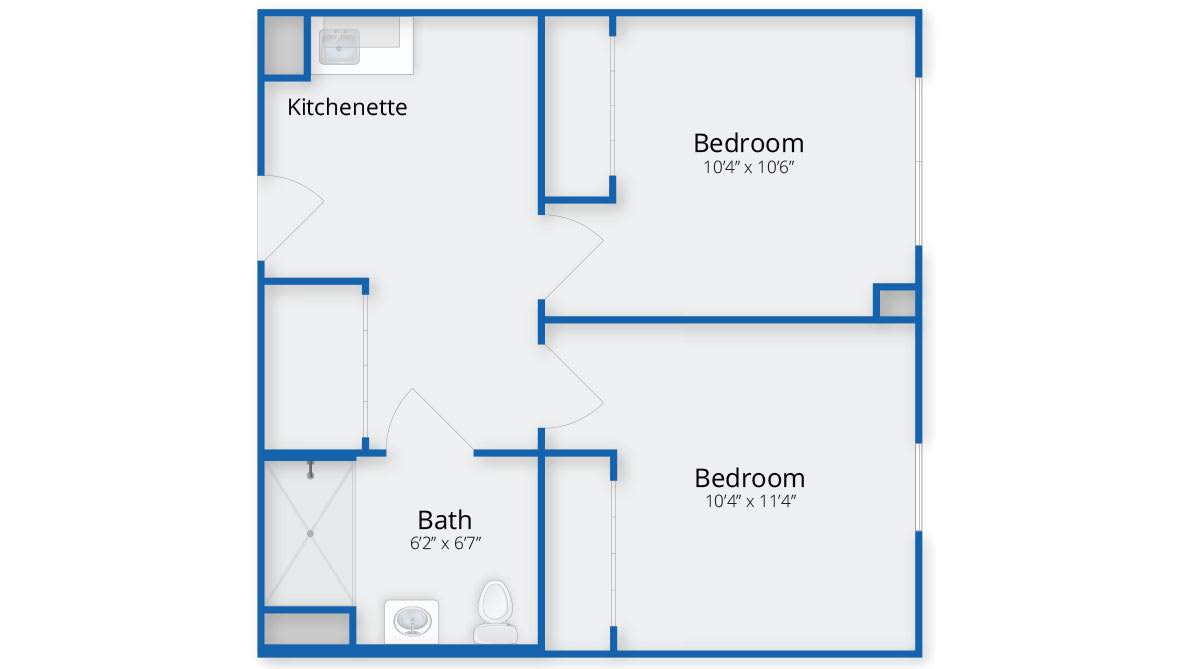 Floor plan showing a two-bedroom apartment layout with a kitchen and a bathroom.