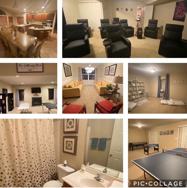Collage of different interior spaces including a living room, home theater, seating areas, a bathroom, and a recreation room with a game table.