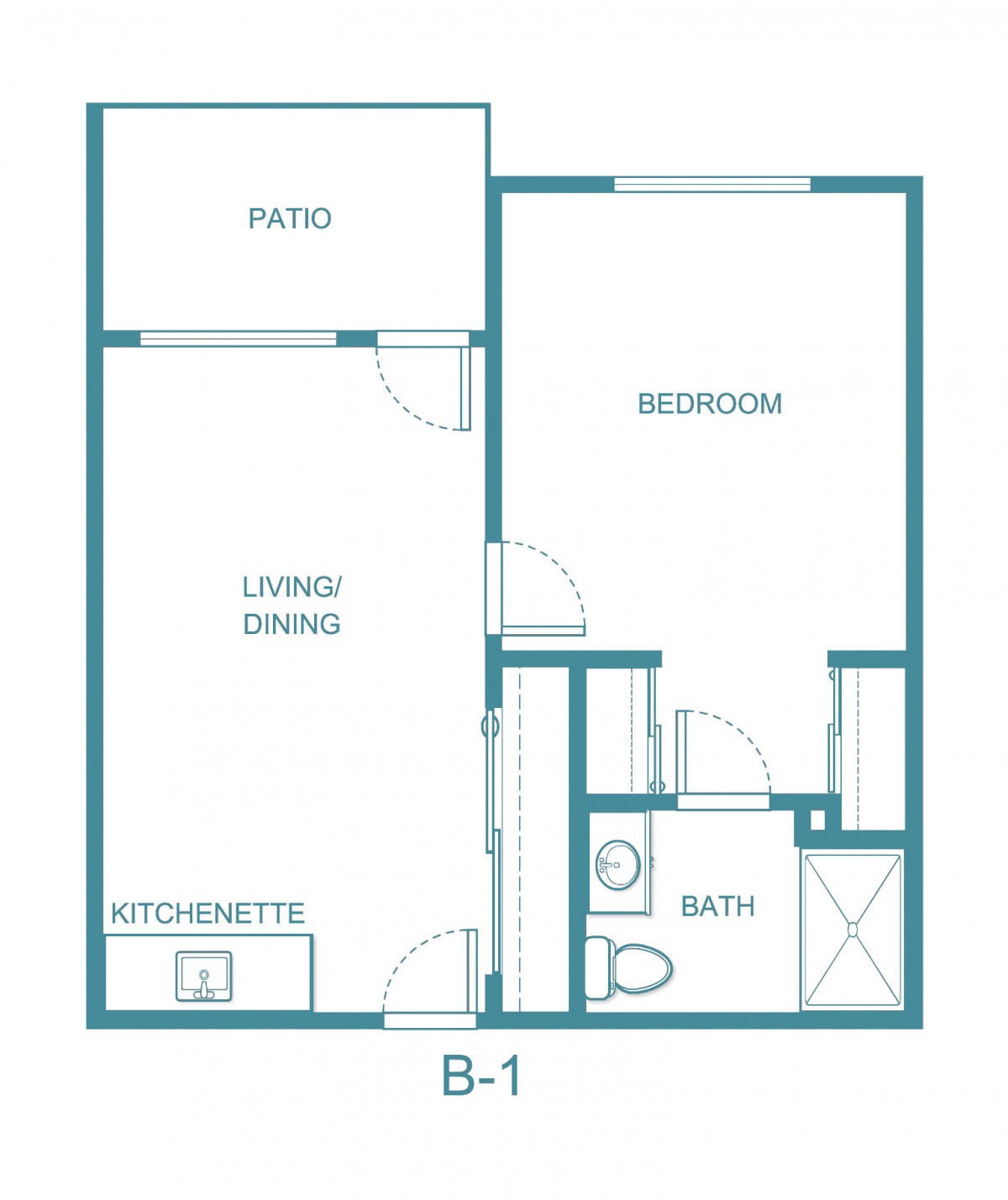 A floor plan of a one-bedroom apartment featuring a living/dining area, kitchenette, bathroom, bedroom, and patio.