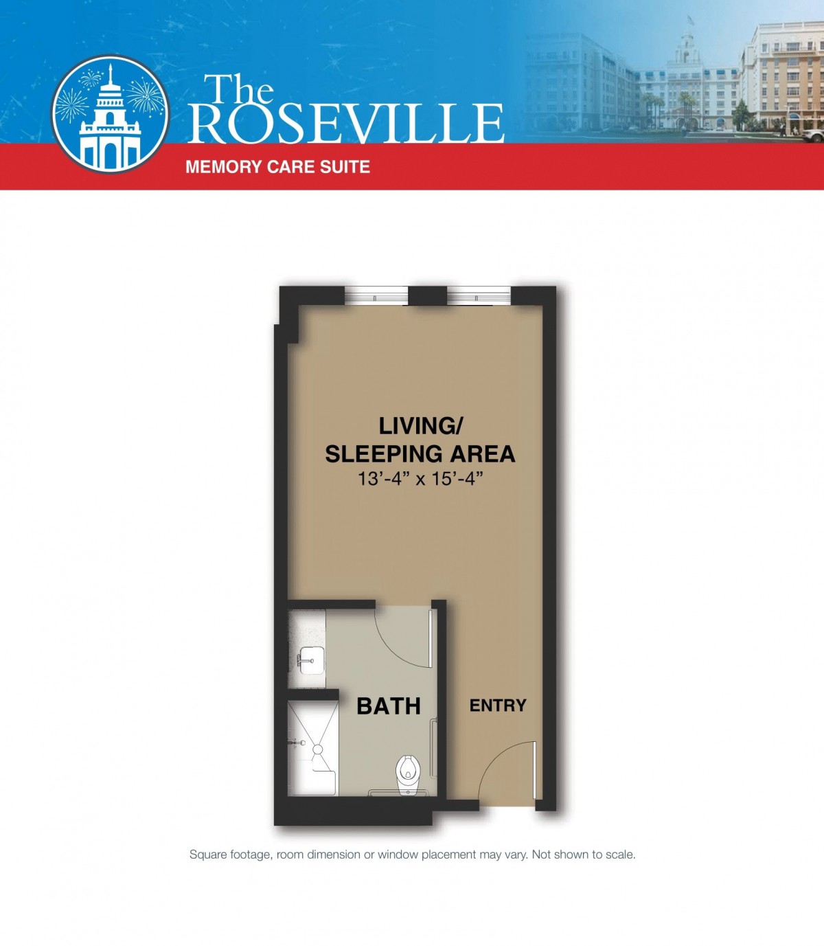 Floor plan of a studio apartment at The Roseville showing the living/sleeping area, bathroom, and kitchenette.