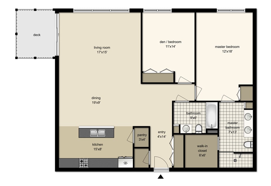 A floor plan of a two-bedroom apartment featuring a kitchen, living area, and bathroom.