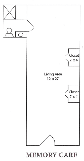 A floor plan displaying a living area measuring 12'x27' with two closets, each sized 2'x4'.