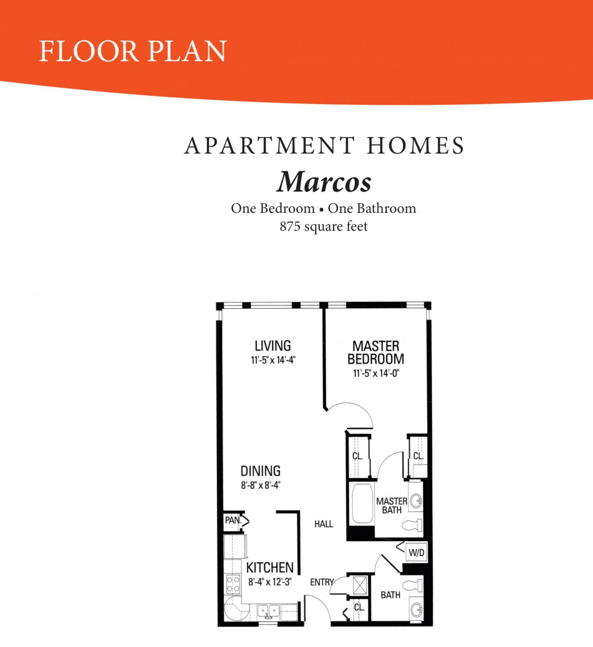 Blueprint of a one-bedroom apartment layout named 'Marcos'.