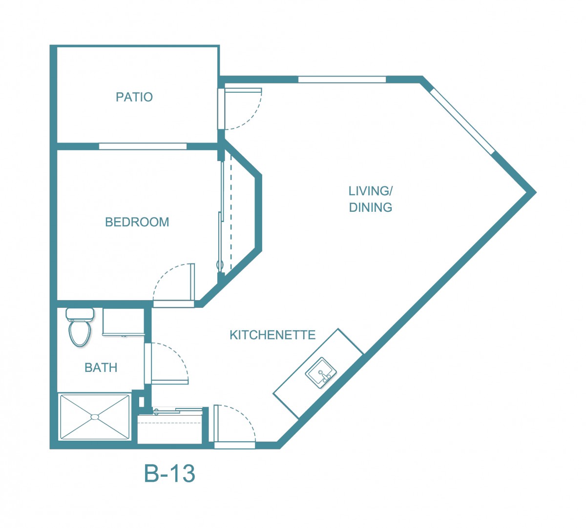 A floor plan of a one-bedroom apartment featuring a bathroom, kitchenette, living/dining area, and patio.