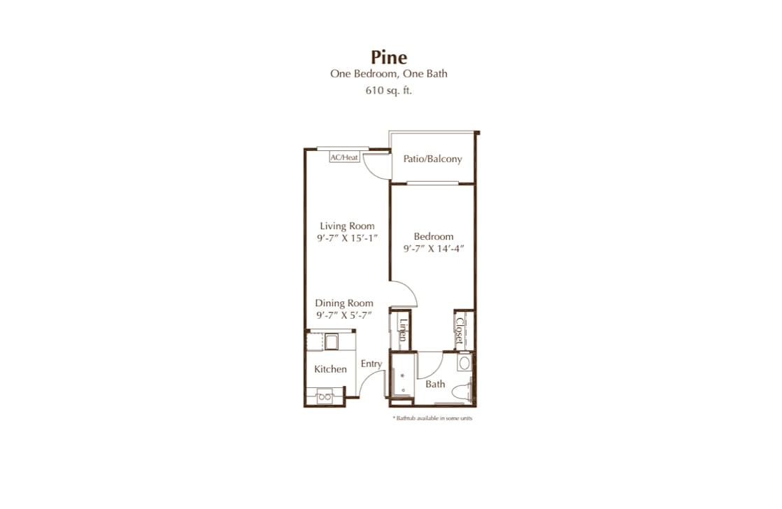 Pine floor plan of a 1-bedroom, 1-bathroom apartment with 619 sq. ft.