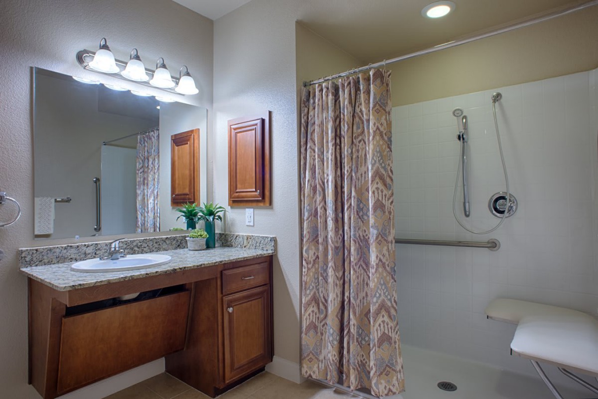 A modern bathroom with a sink, mirror, and shower area.