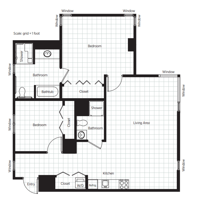 A detailed floor plan of an apartment showing the layout of rooms including the living room, bedrooms, kitchen, and bathrooms.