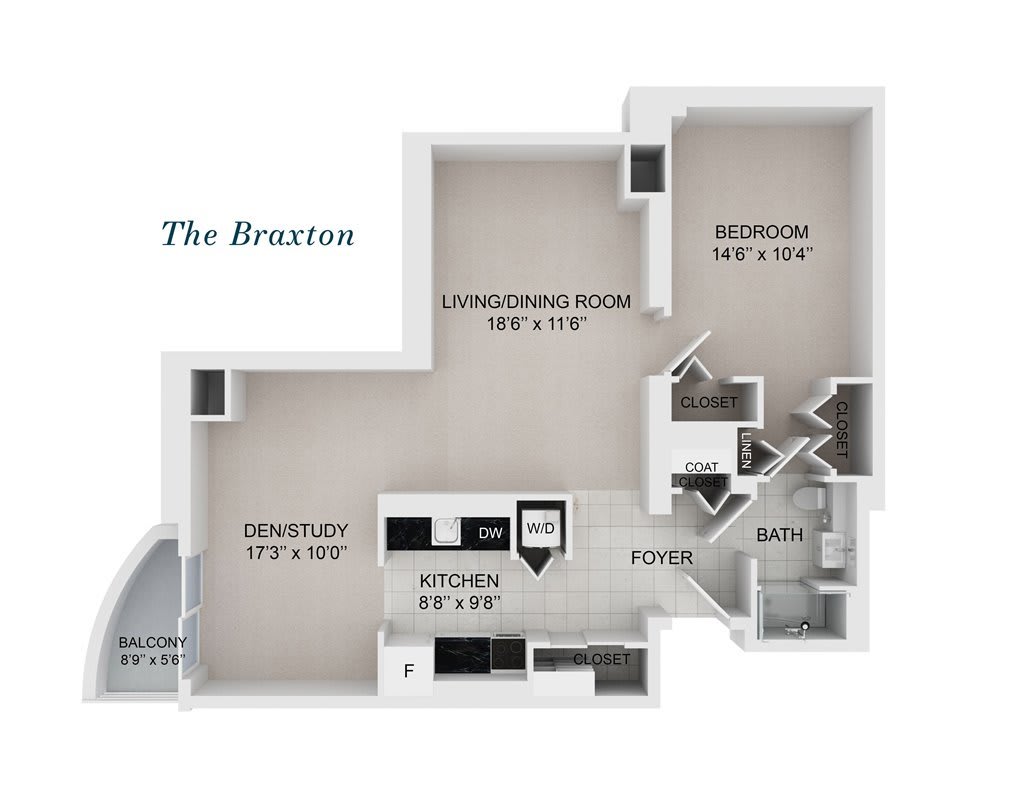 The Braxton apartment floor plan featuring living/dining room, bedroom, kitchen, and entryway.