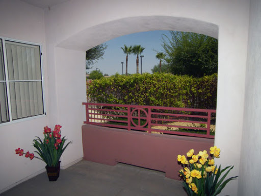 A serene view from a terrace adorned with flowering plants, overlooking a greenery-filled landscape.