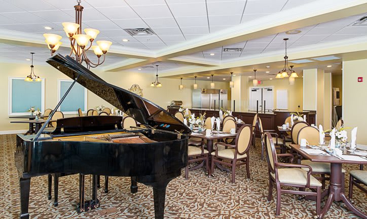 Elegant restaurant interior featuring a grand piano and sophisticated dining setup.