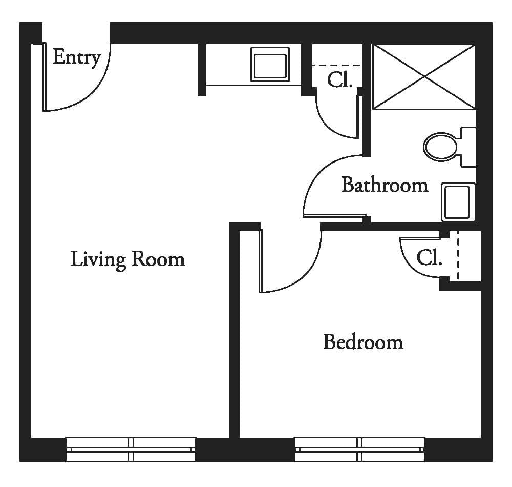 A floor plan of a small apartment featuring a living room, bedroom, and bathroom.