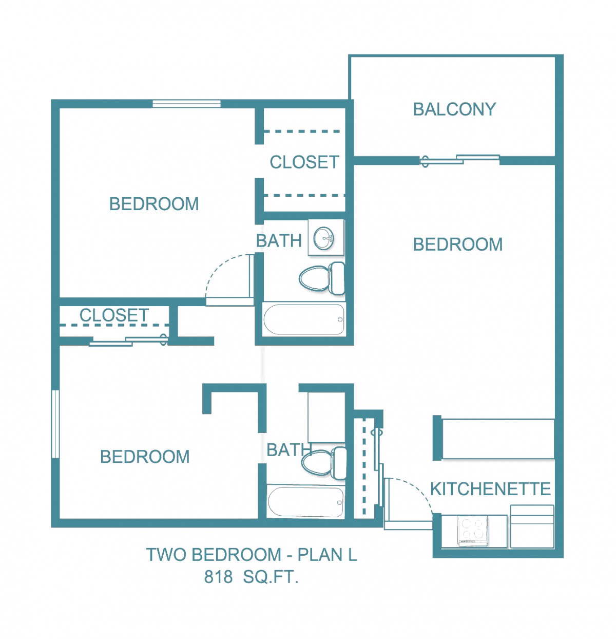 Floor plan of a two-bedroom apartment covering 819 square feet.