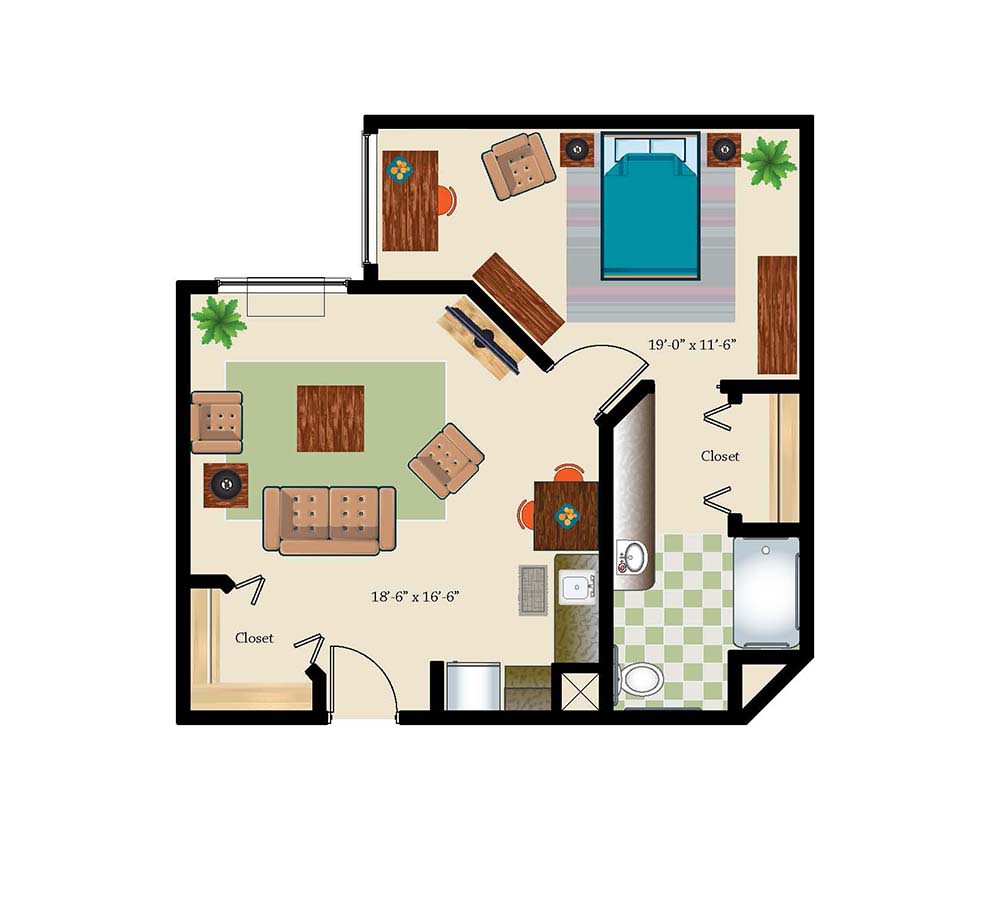 A floor plan of a one-bedroom apartment featuring a living room, kitchen, bathroom, and bedroom.