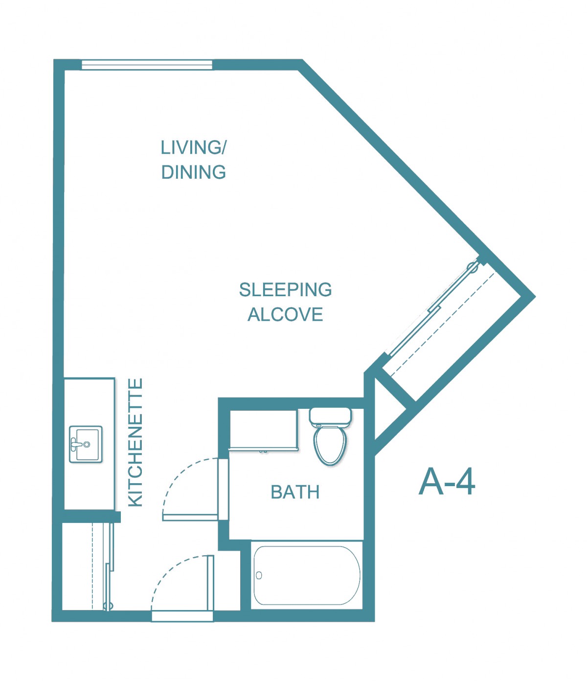 Studio apartment floor plan with a living/dining area, sleeping alcove, kitchen, and bathroom.