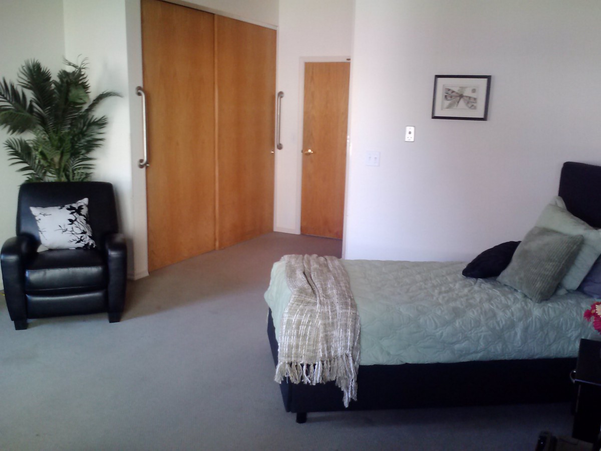 A minimalist bedroom with a bed, chair, and potted plant.