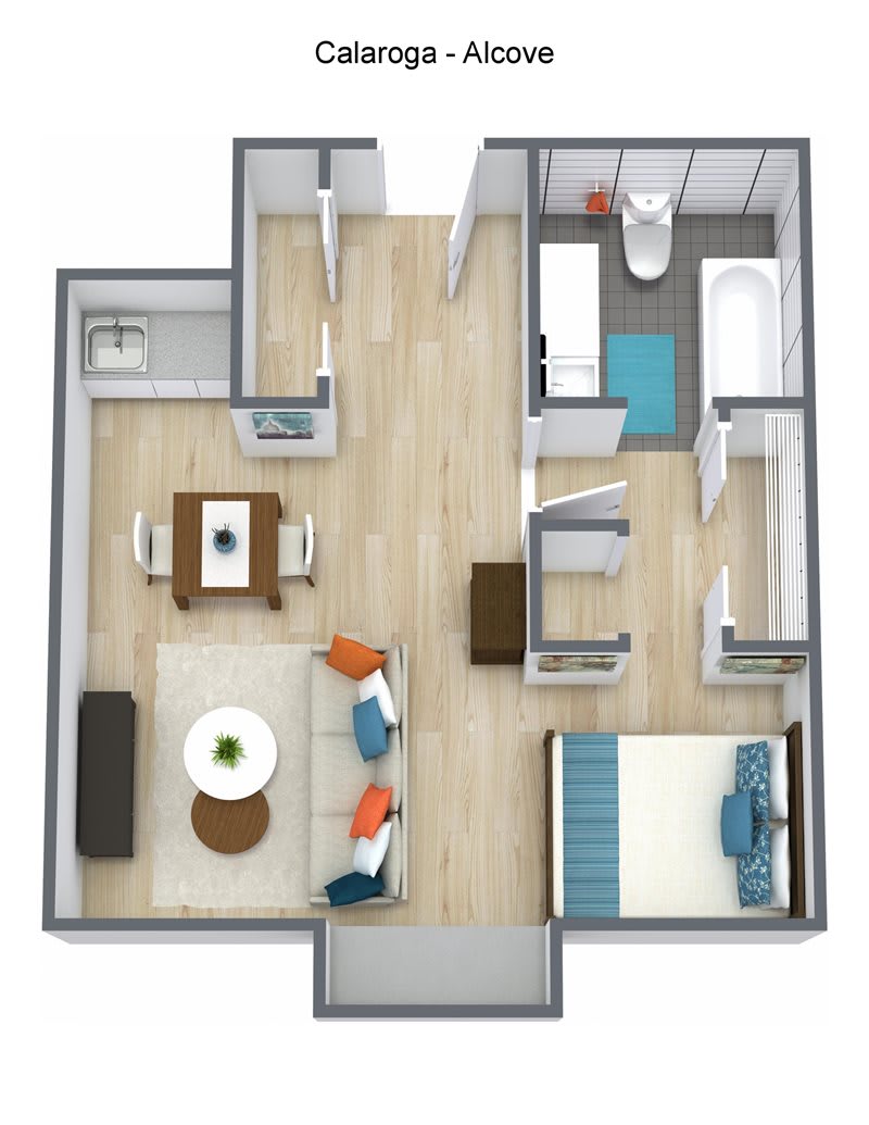 A 3D floor plan of a one-bedroom apartment, featuring a living room, dining area, kitchen, bedroom, and bathroom.