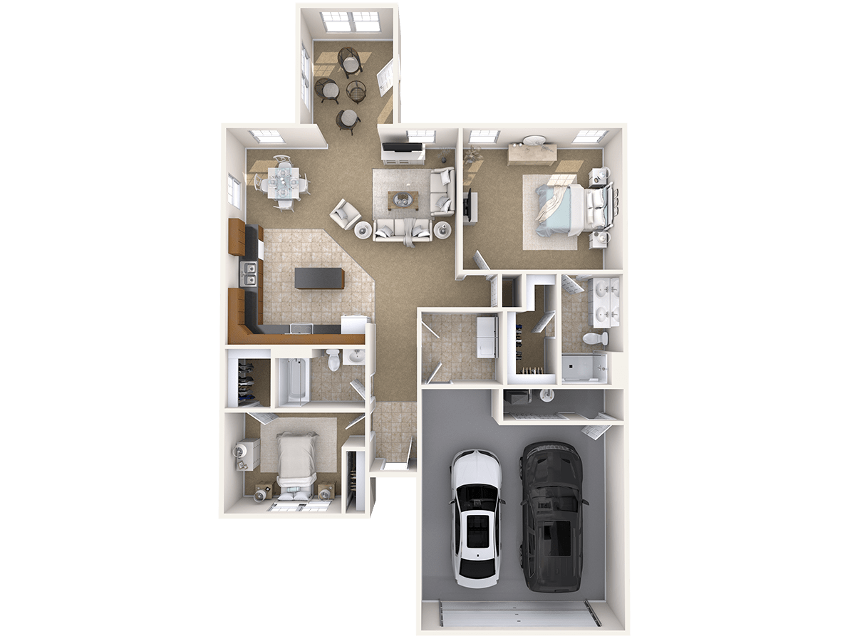 A detailed floor plan of a modern apartment featuring two bedrooms, a living area, kitchen, bathrooms, and a garage.