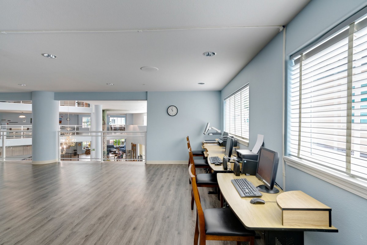 A modern office workspace with several computers and desks lined against a windowed wall.