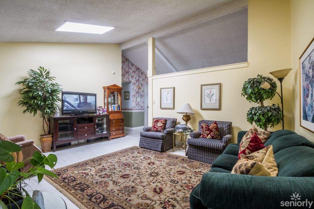 A cozy living room with comfortable seating, a television, and decorative plants.