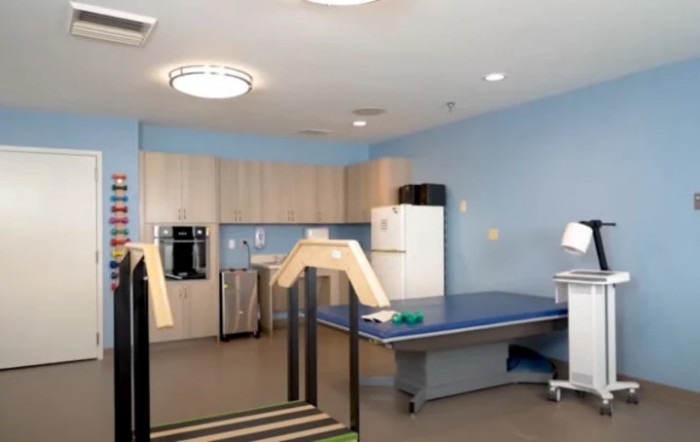 A rehabilitation room equipped with physical therapy tools and exercise equipment.