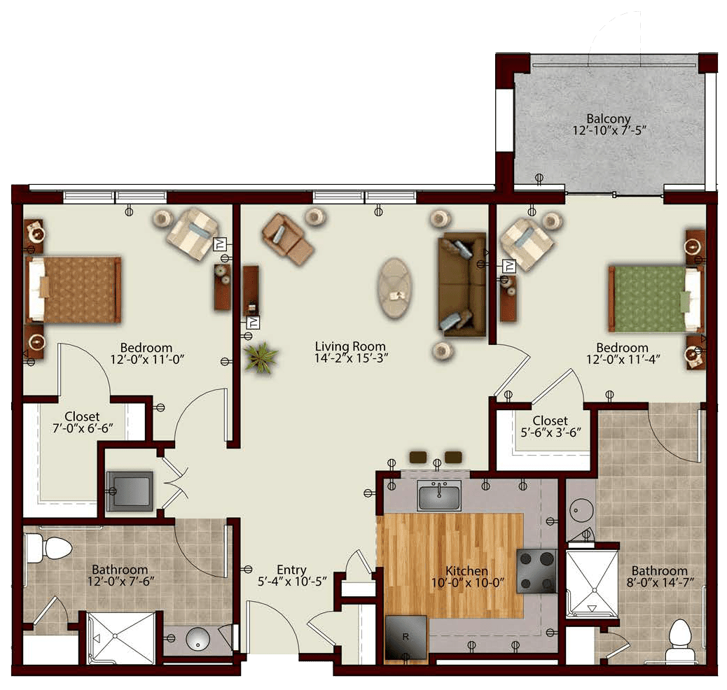 A floor plan showcasing a two-bedroom apartment layout with a living room, kitchen, and bathroom.