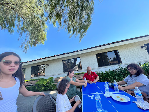 A group of friends enjoying a meal together outdoors on a sunny day.