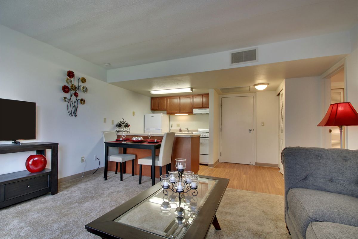 A cozy apartment with a combined living and dining area adjacent to the kitchen.