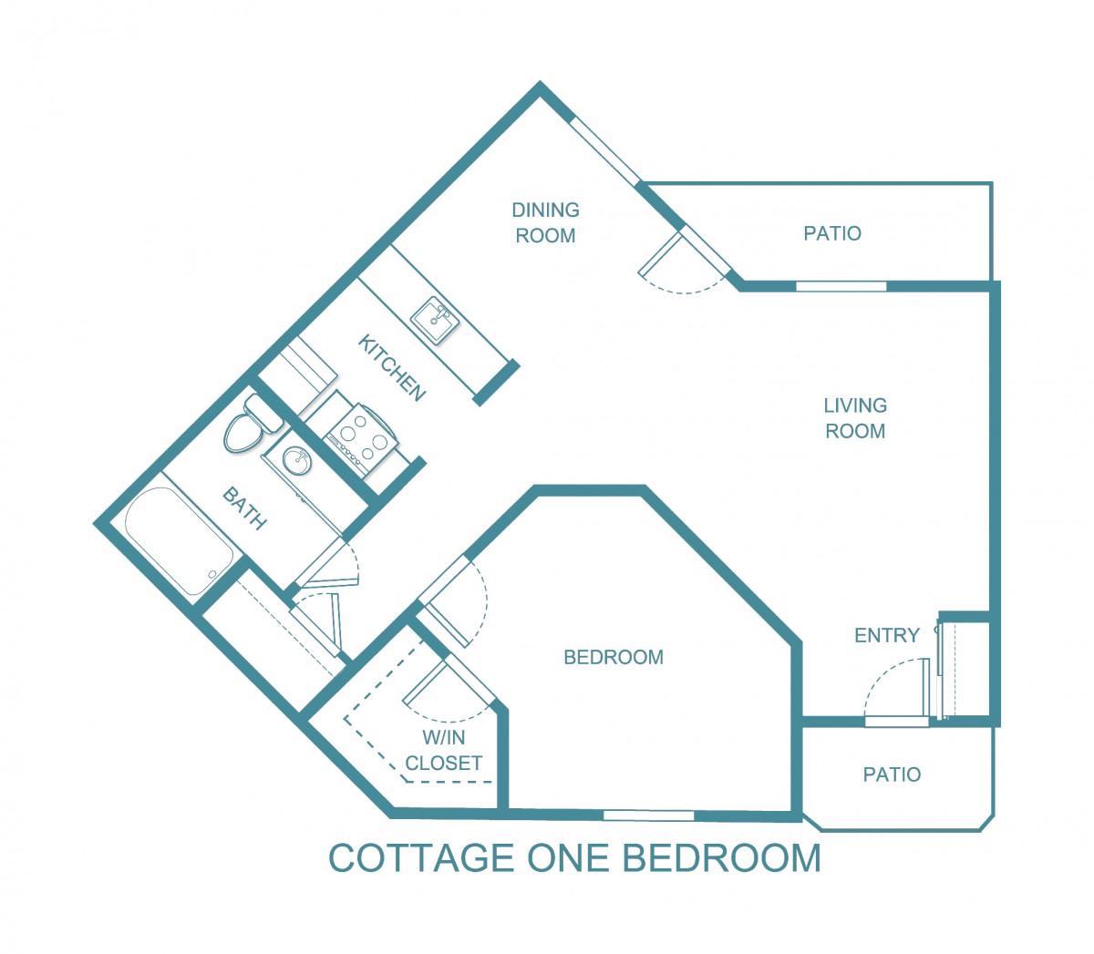 Floor plan of a one-bedroom cottage layout.
