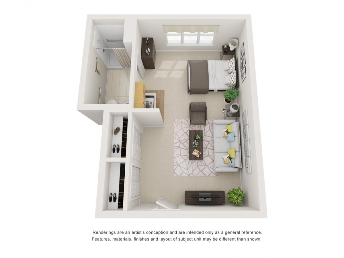 3D rendering of a compact studio apartment layout with modern furnishings and a functional design.