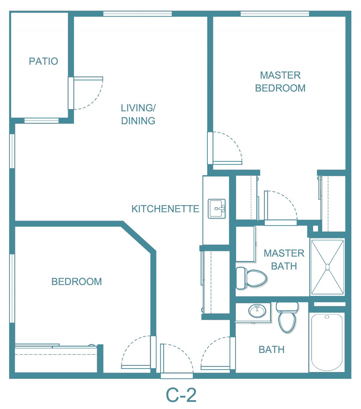 A floor plan of a two-bedroom apartment featuring a kitchenette, living/dining area, master bedroom with adjoining master bath, and a second bathroom.