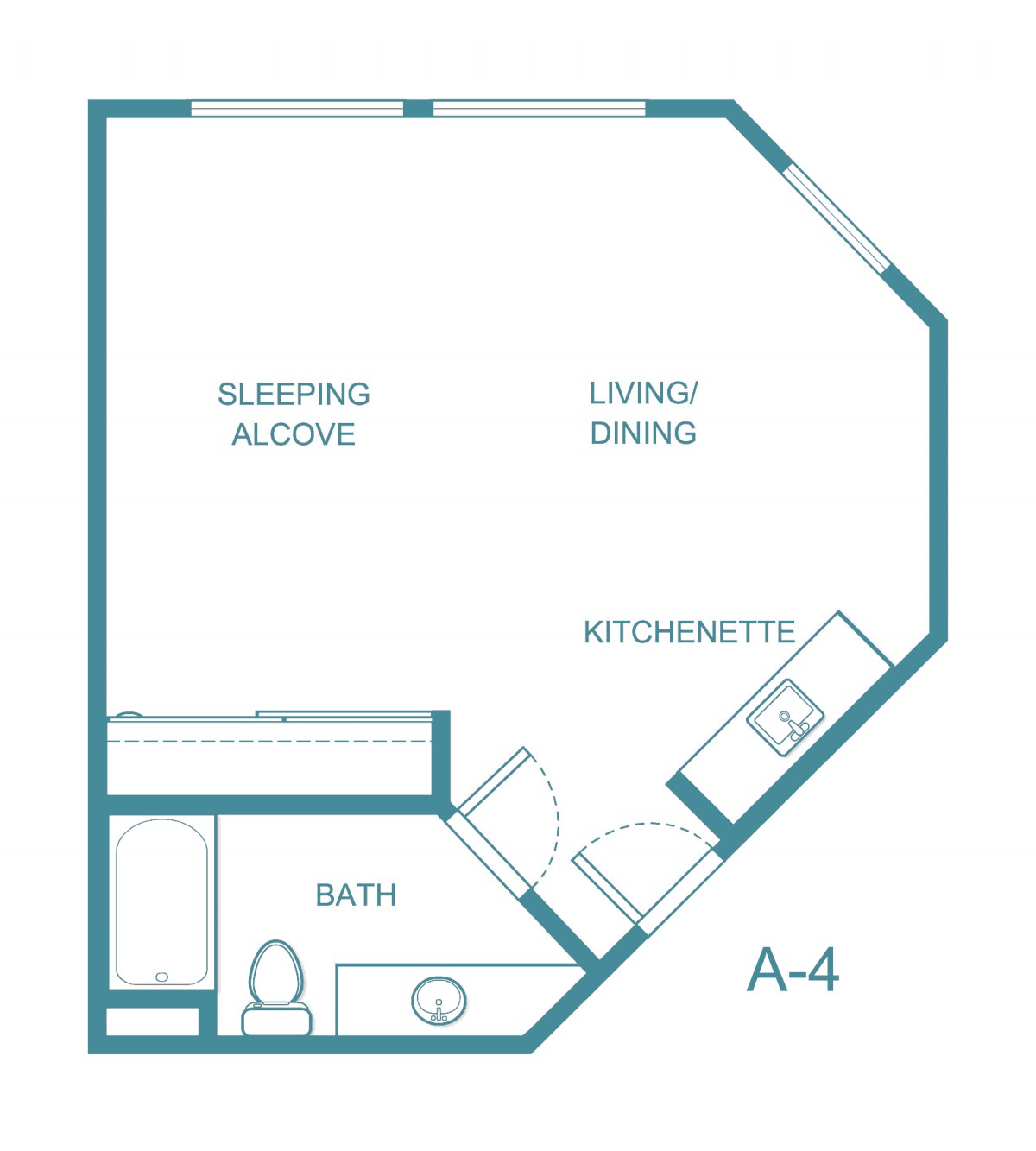 A floor plan of a studio apartment featuring a sleeping alcove, living/dining area, kitchenette, and bathroom.