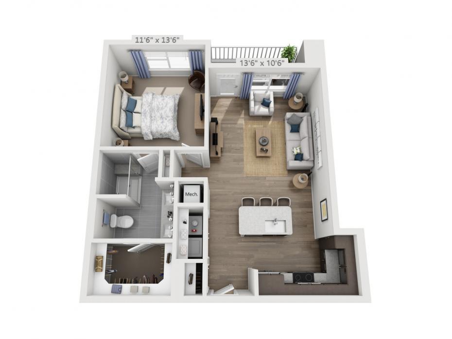 A 3D floor plan of a one-bedroom apartment showing the living room, kitchen, bathroom, bedroom, and a balcony.