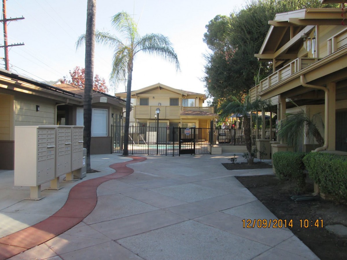 A sunny view of an apartment complex with palm trees and a pathway leading to a gated area.