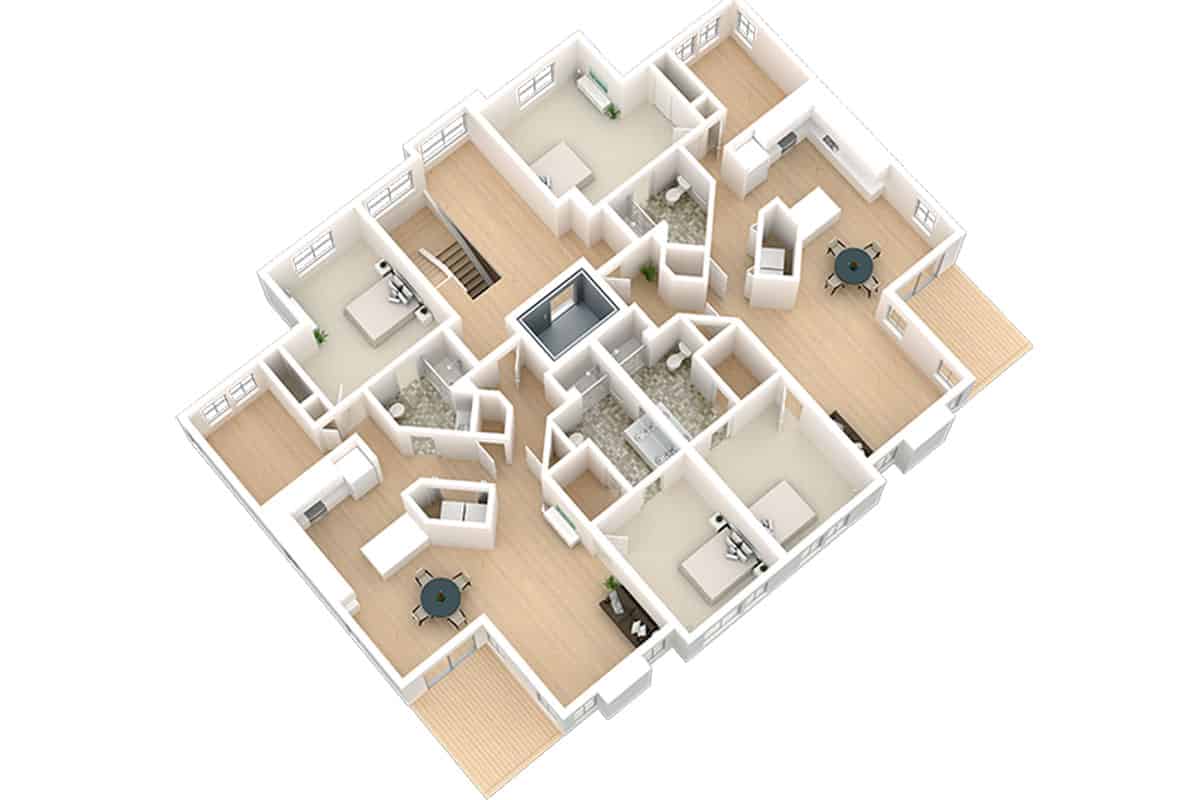 3D floor plan of a multi-room house layout.