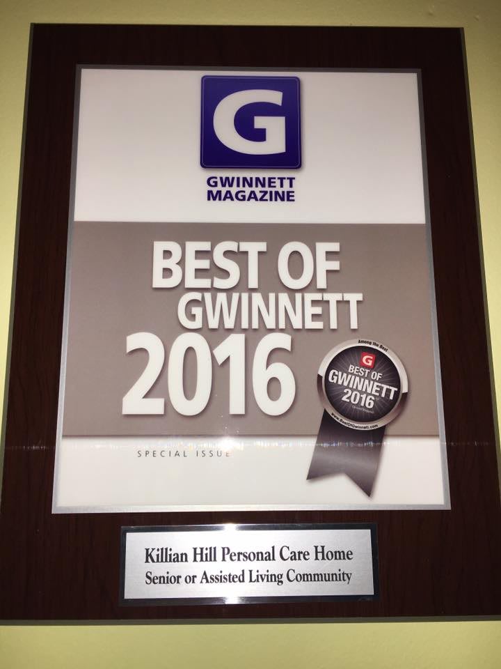 A plaque awarded to Killian Hill Personal Care Home for Best of Gwinnett 2016 in the senior or assisted living category by Gwinnett Magazine.