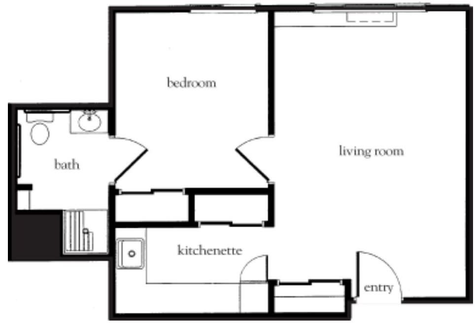 A simple floor plan of a small apartment with labeled rooms including a bedroom, living room, kitchenette, entry, and bathroom.