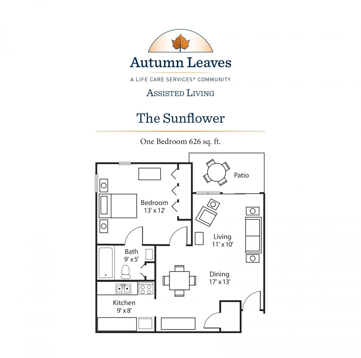 Floor plan of 'The Sunflower' apartment featuring a one-bedroom layout.
