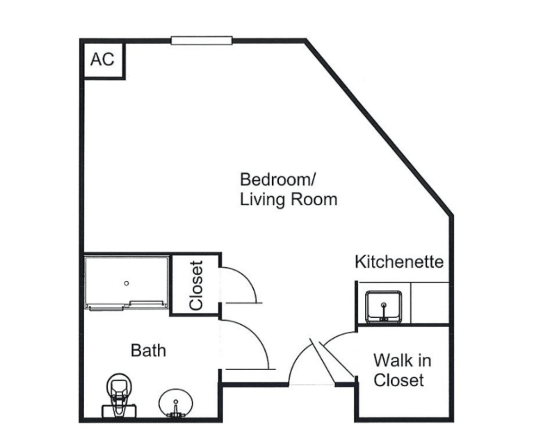 Studio apartment floor plan with a bedroom/living room area, kitchenette, walk-in closet, and bathroom.