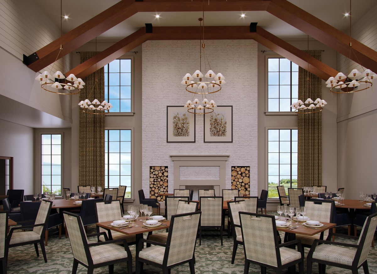 Elegant dining room with high ceilings and large windows, featuring stylish chandeliers and neatly arranged tables.