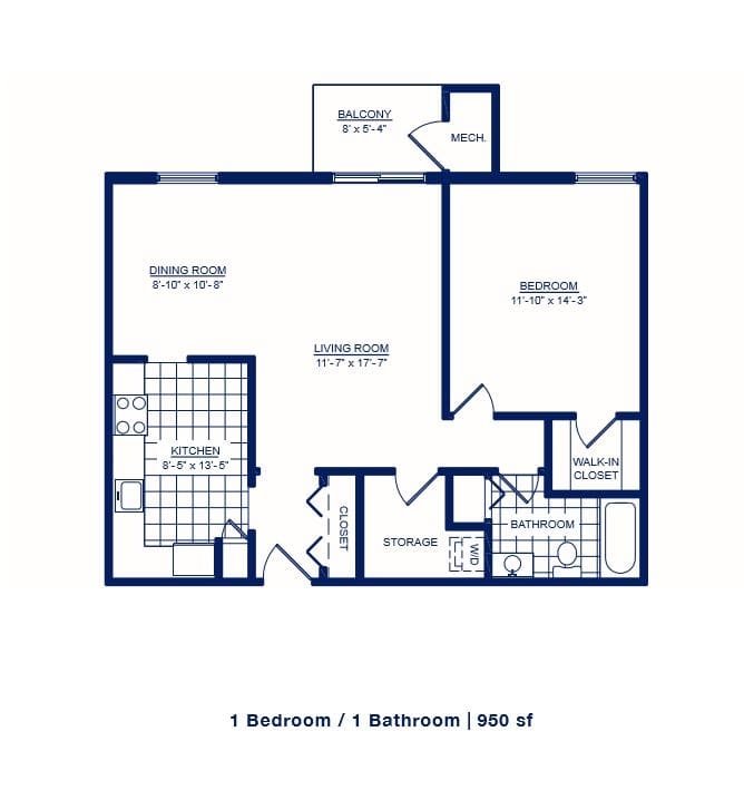 Floor plan of a 1-bedroom, 1-bathroom apartment with an area of 600 square feet.