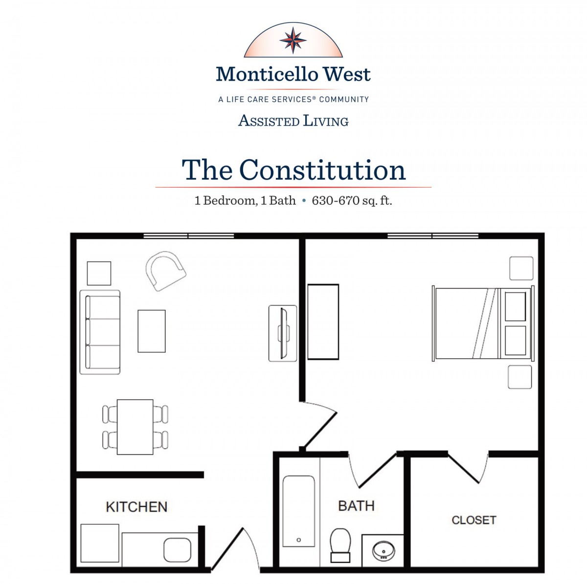 Floor plan of a one-bedroom apartment called 'The Constitution' at Monticello West.