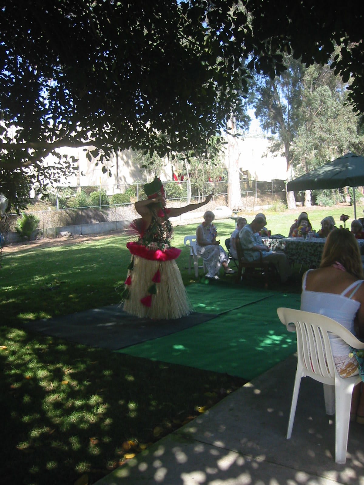 A traditional dance performance in a garden setting with an audience watching during the day.