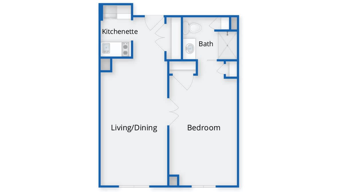 A simple one-bedroom apartment floor plan with a living/dining area, kitchenette, and bathroom.