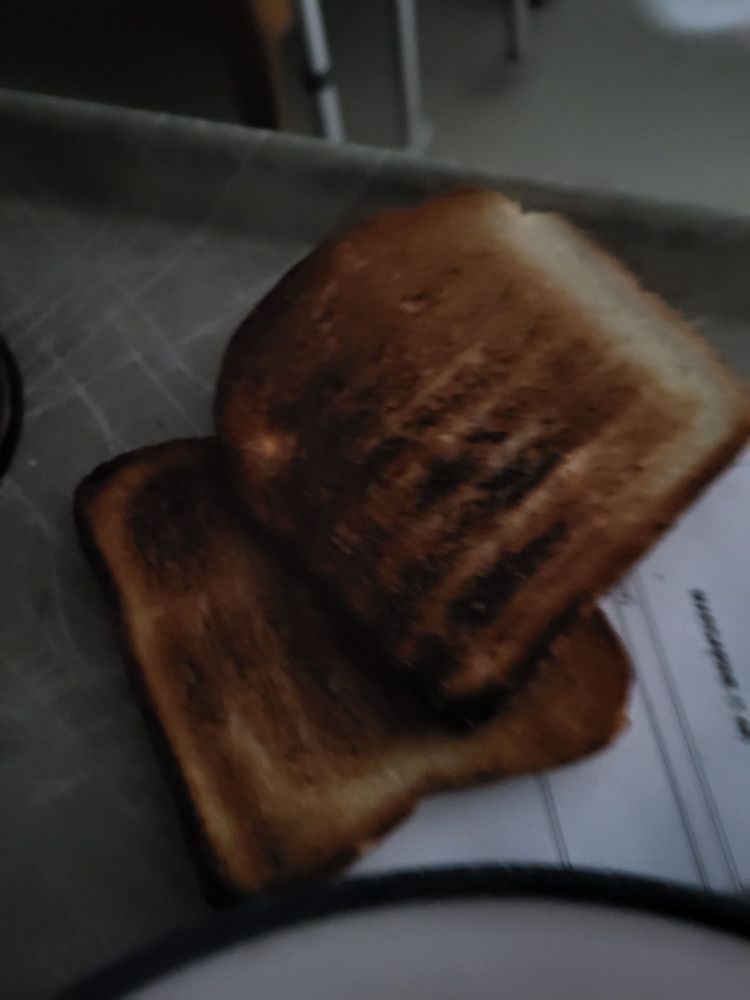 Two slices of burnt toast on a surface.