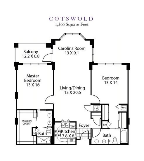 A floor plan of a Cotswold-style apartment featuring two bedrooms, two bathrooms, a Carolina Room, and two balconies.