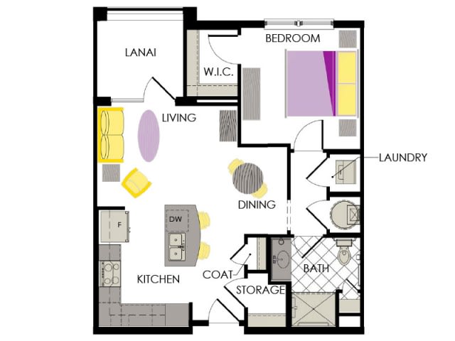 A floor plan of a one-bedroom apartment featuring a living room, kitchen, dining area, bedroom, bathroom, laundry area, and closet.
