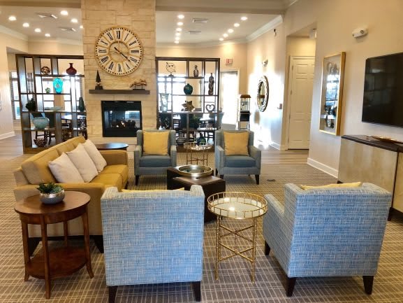 A modern lobby with comfortable seating and stylish decor.