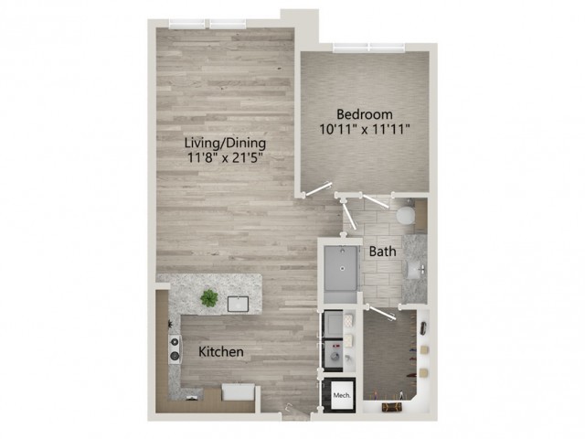 A floor plan of a one-bedroom apartment featuring a living/dining area, kitchen, bedroom, and bathroom.